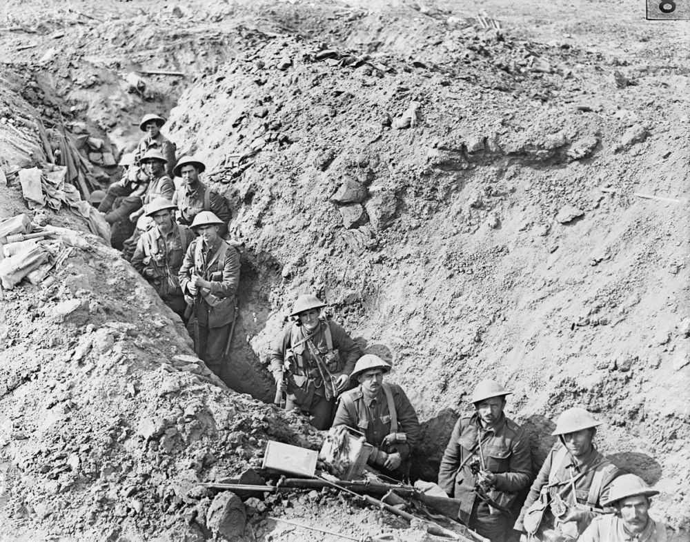Soldiers of the 2nd Auckland Battalion in Switch Trench near Flers. 1916.